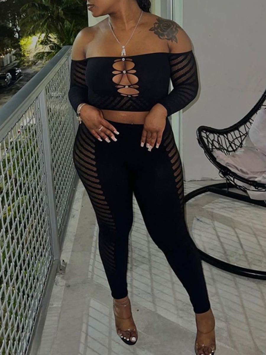LovelyWholesale SXY See Through Solid Color Two-piece Pants Set Fall Long Sleeve Sxy See Through Bateau Neck Spring Summer 2024