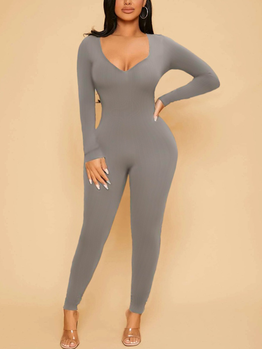 LW BASICS Plus Size V Neck Plain Skinny Jumpsuit