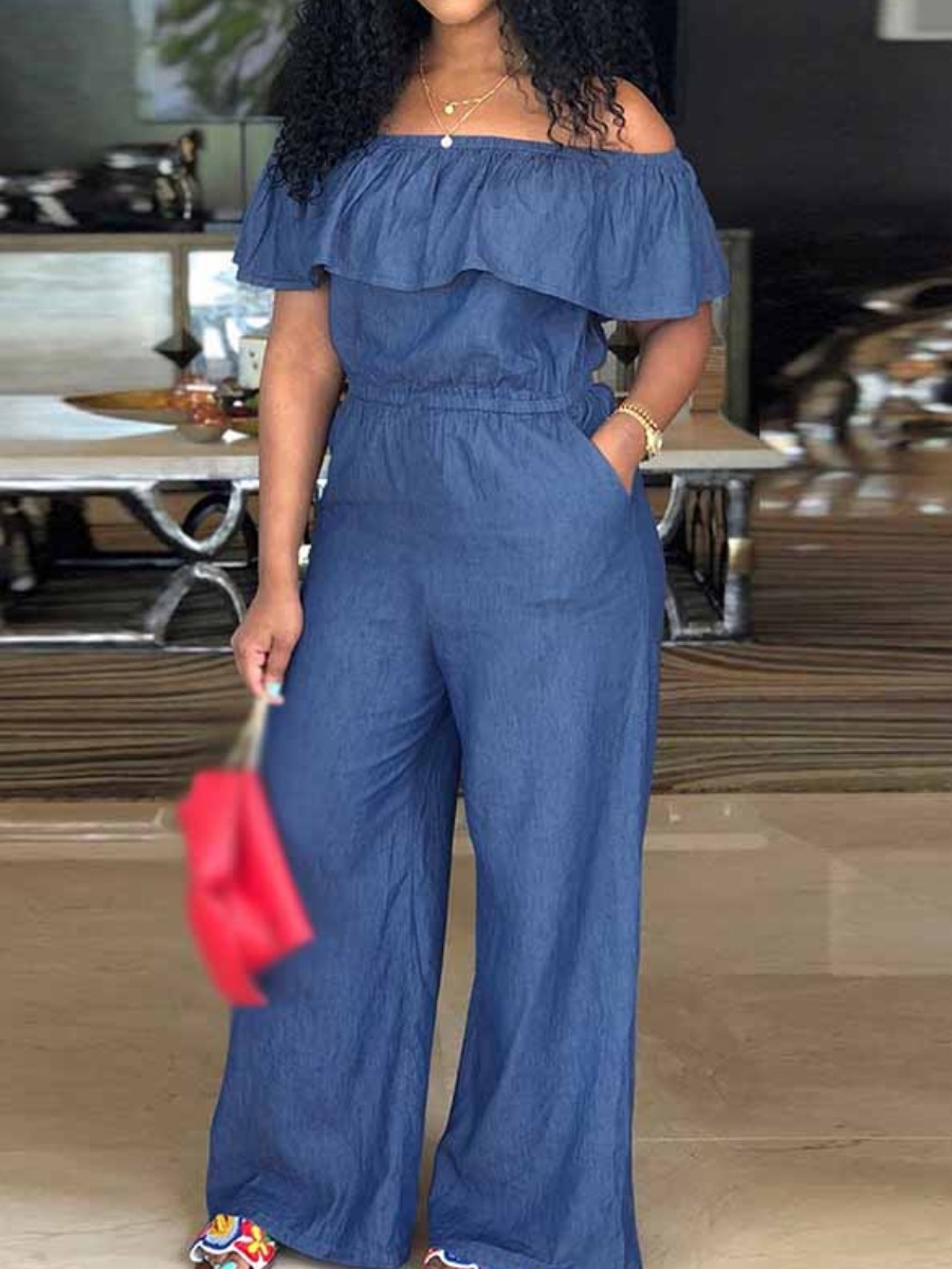 LW Plus Size Off The Shoulder Drawstring Wide Leg Jumpsuit
