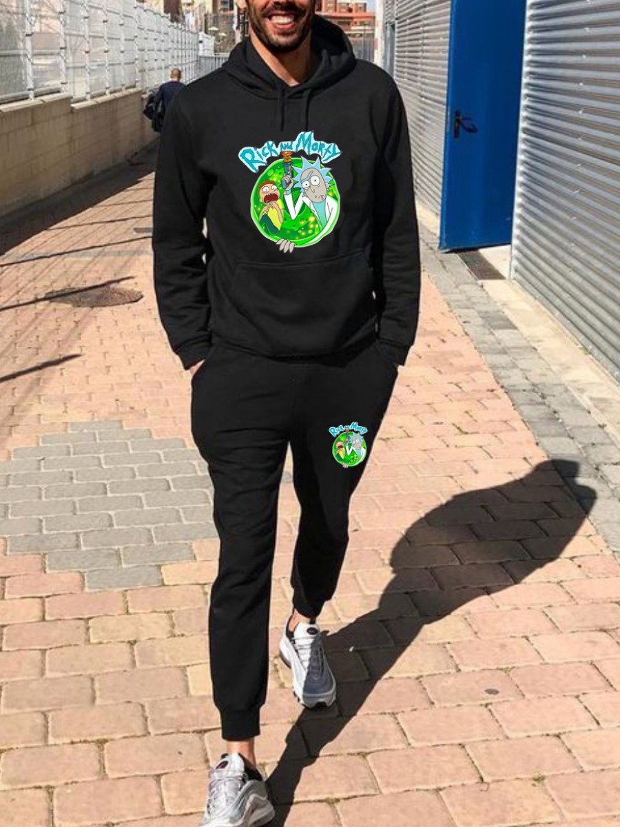 LW Men Cartoon Letter Print Kangaroo Pocket Tracksuit Set