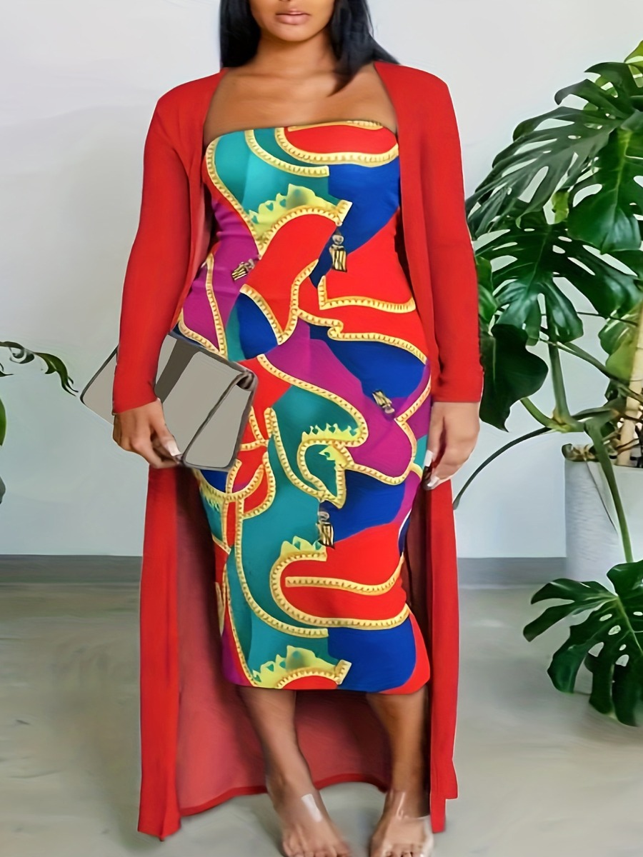 LovelyWholesale Plus Size Off The Shoulder Mixed Print Bodycon Dress Set Spring Long Sleeve Casual Pattern Strapless  4X Spring Summer 2024