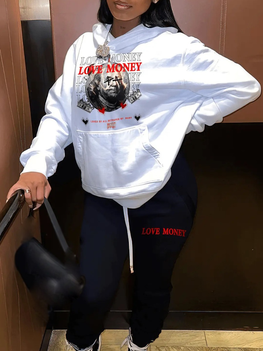 LW Plus Size Figure Letter Print Kangaroo Pocket Tracksuit Set