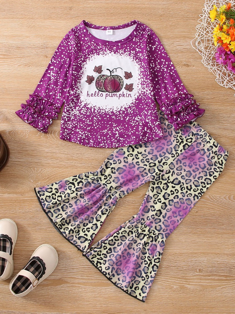 LW COTTON Girl Leopard Letter Print Ruffle Design Flared Pants Set