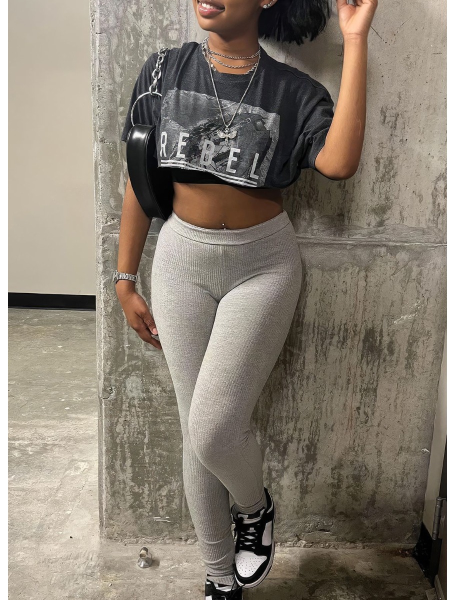 LW Crop Top Letter Print Skinny Pants Set