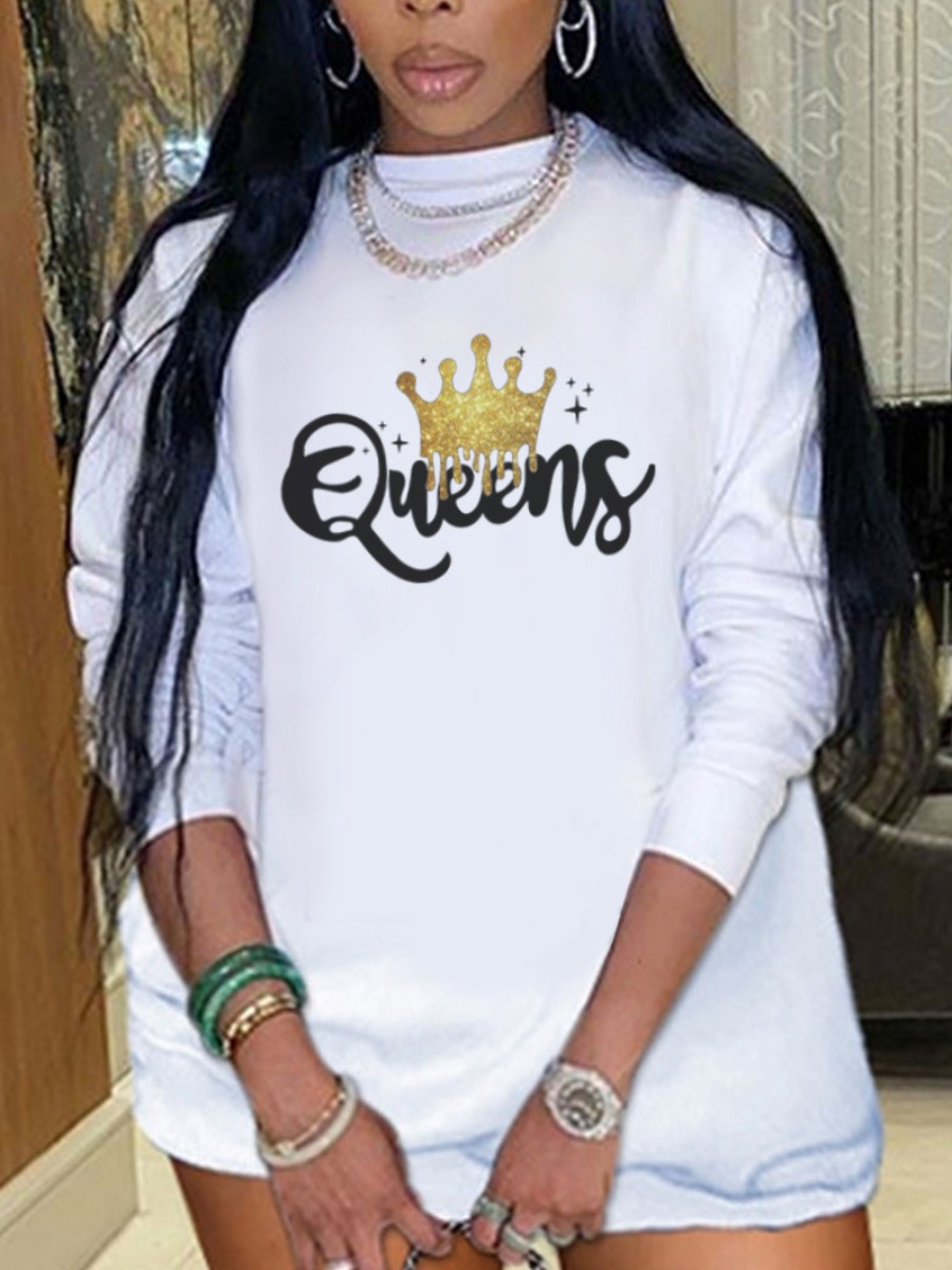 LovelyWholesale Plus Size Crown Queen Letter Print Sweat Dress Fall Long Sleeve Casual Pattern Round Neck  3X Spring Summer 2024