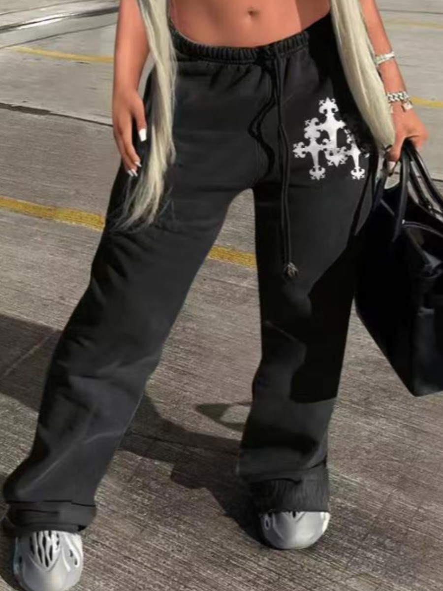 LovelyWholesale Mid Waist Cross Print Drawstring Sweatpants Spring|Fall Nine Points Sleeve Casual Pattern Spring Summer 2024