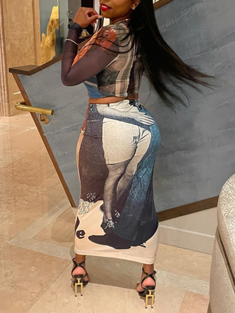 LW See Through Crop Top Figure Print Skinny Skirt Set