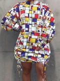 LW BASICS Plus Size Geometric Print Ruched Drawstring Dress