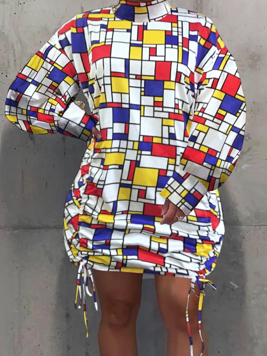 LW BASICS Plus Size Geometric Print Ruched Drawstr
