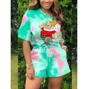 LW Tie Dye Cartoon Print Drawstring Shorts Set