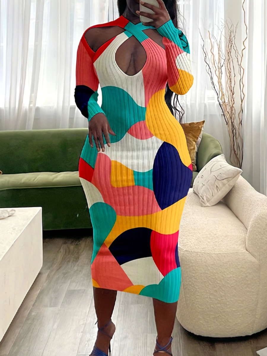 LW Plus Size Color Lump Patchwork Bodycon Dress 1X