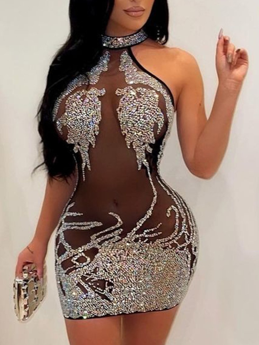 LW Rhinestone See Through Bodycon Dress