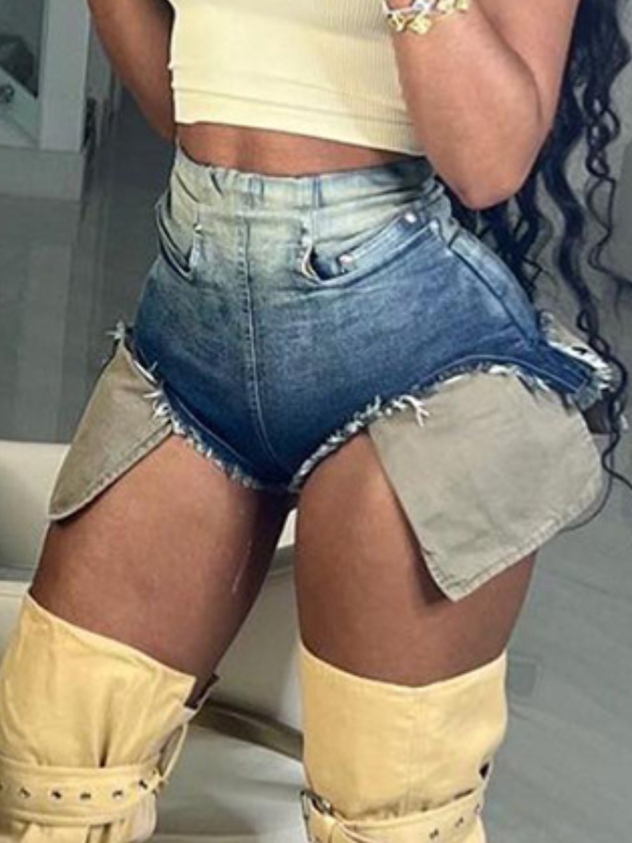 LovelyWholesale SXY High Waist Gradient Raw Edge Stretchy Denim Shorts Summer Sxy Pocket Design Spring Summer 2024