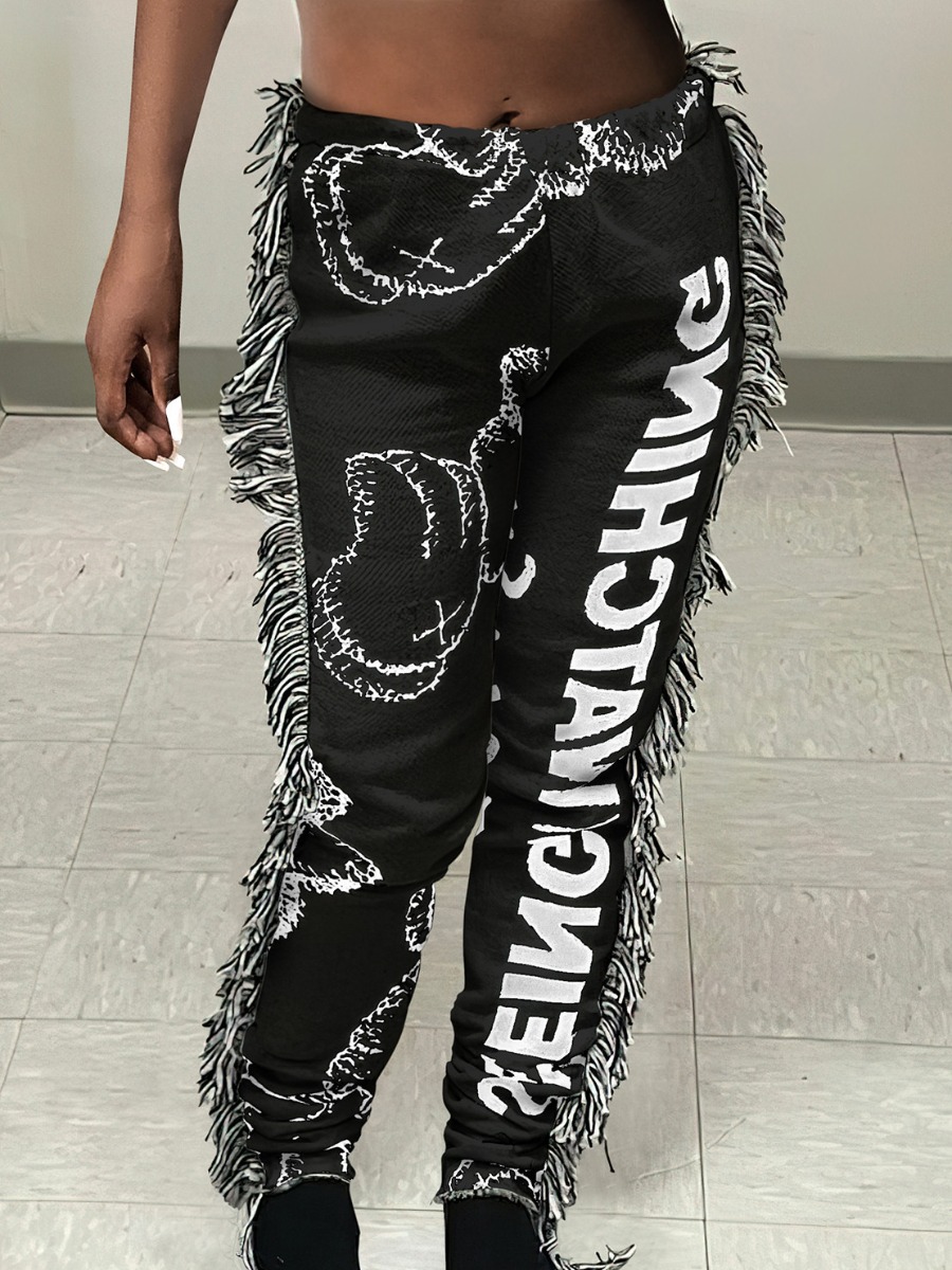 LovelyWholesale Letter Mixed Print Tassel Design Pants Spring|Fall Nine Points Sleeve Street Tassel Design Spring Summer 2024