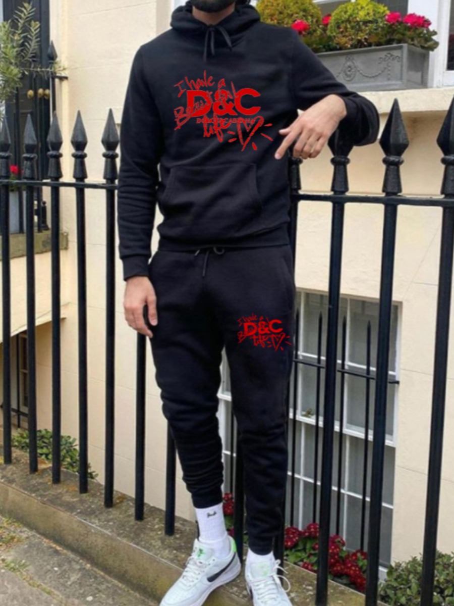LW Men Heart Letter Print Kangaroo Pocket Tracksuit Set