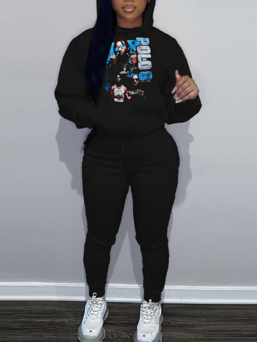 LW Plus Size Figure Letter Print Kangaroo Pocket Tracksuit Set