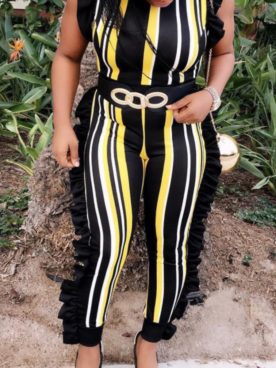 LovelyWholesale Plus Size Striped Flounce Design Skinny Jumpsuit Spring|Summer Short Sleeve Casual Round Neck  3X Spring Summer 2024