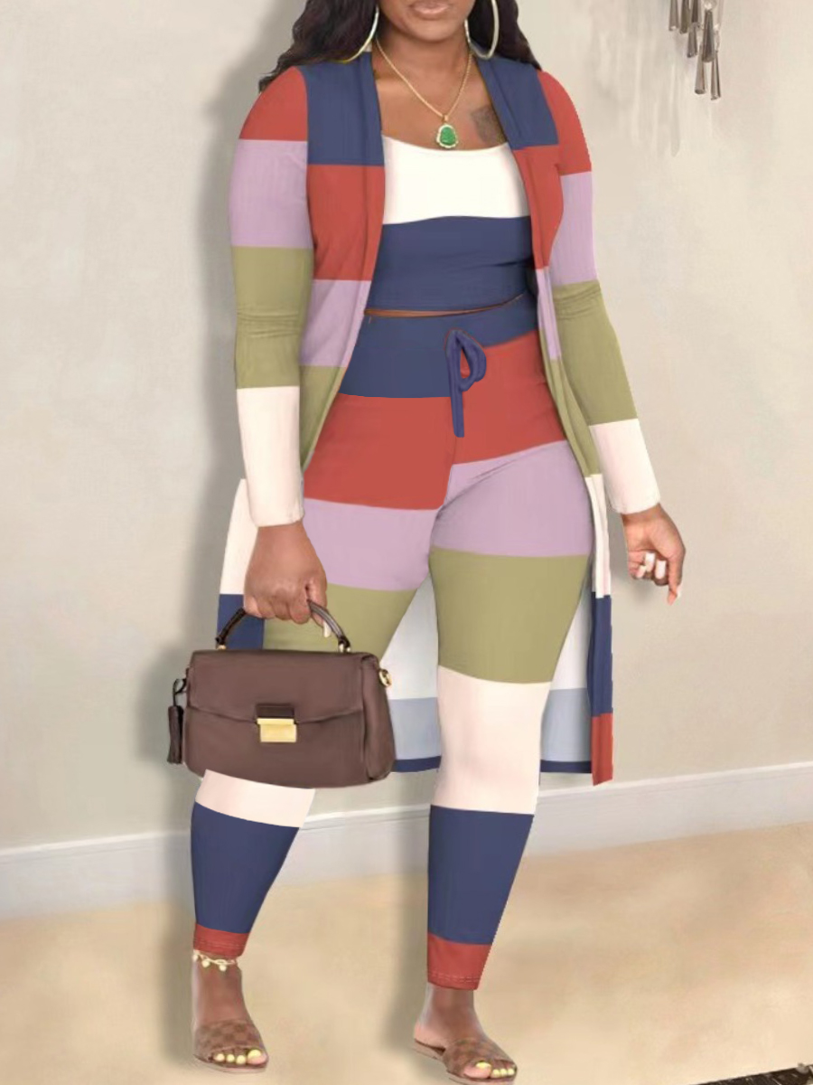 LovelyWholesale Plus Size Color Lump Patchwork Three Piece Pants Set Fall Long Sleeve Casual Patchwork Round Neck  3X Spring Summer 2024