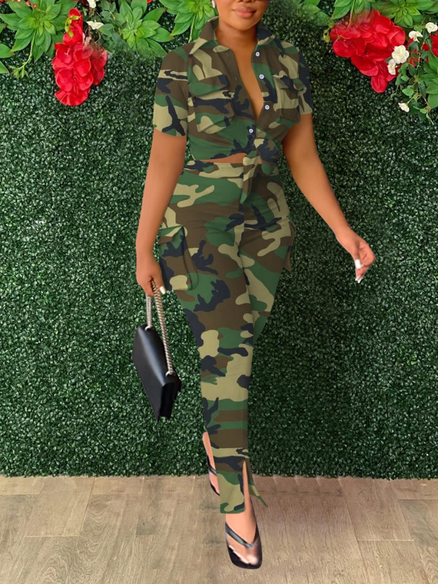 LovelyWholesale Camo Print Side Pocket Cargo Pants Set Spring Short Sleeve Casual Turndown Collar Spring Summer 2024