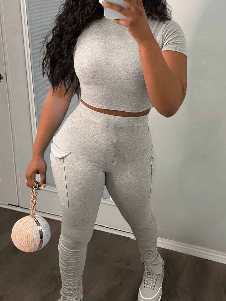 LovelyWholesale Crop Top Drastring Side Pocket Pants Set Spring Short Sleeve Casual Round Neck Spring Summer 2024