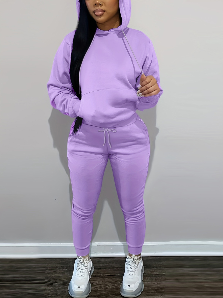 LovelyWholesale BASICS Hooded Collar Drawstring Tracksuit Set Fall Long Sleeve Casual Lace Up Hooded Collar Spring Summer 2024