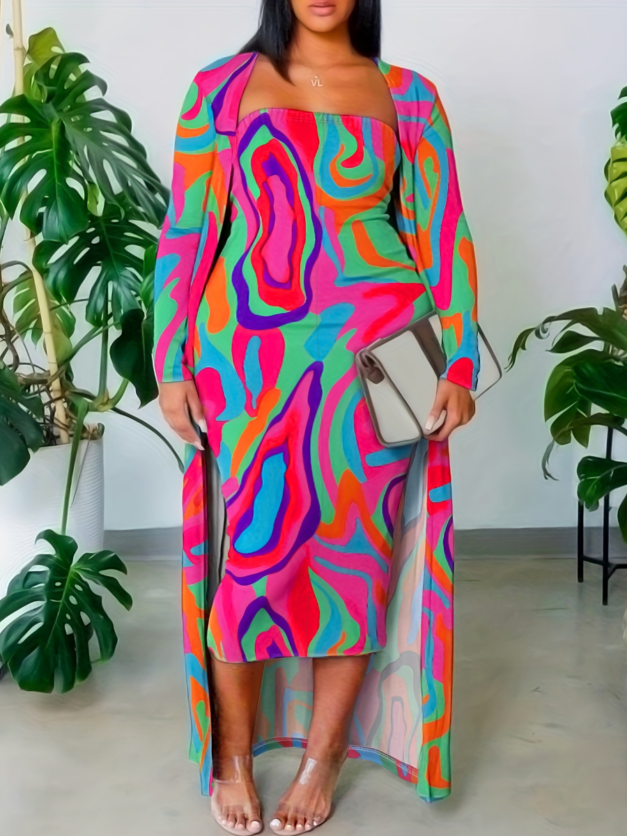 LW Plus Size Off The Shoulder Mixed Print Dress (With Outerwear)