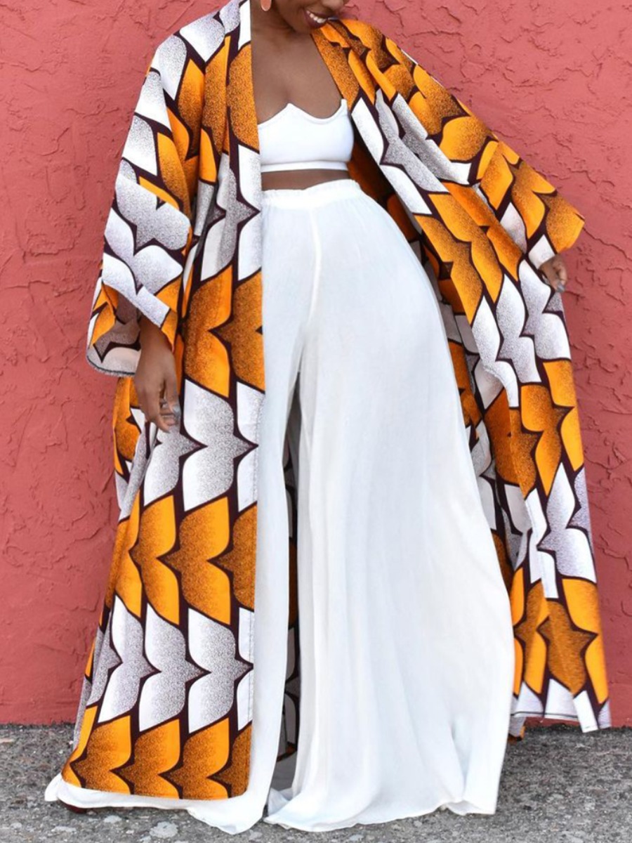 LovelyWholesale Plus Size Geometric Afro Print Loose Trench Coat Fall Nine Points Sleeve Vacation Pattern Conventional Collar  3X Spring Summer 2024