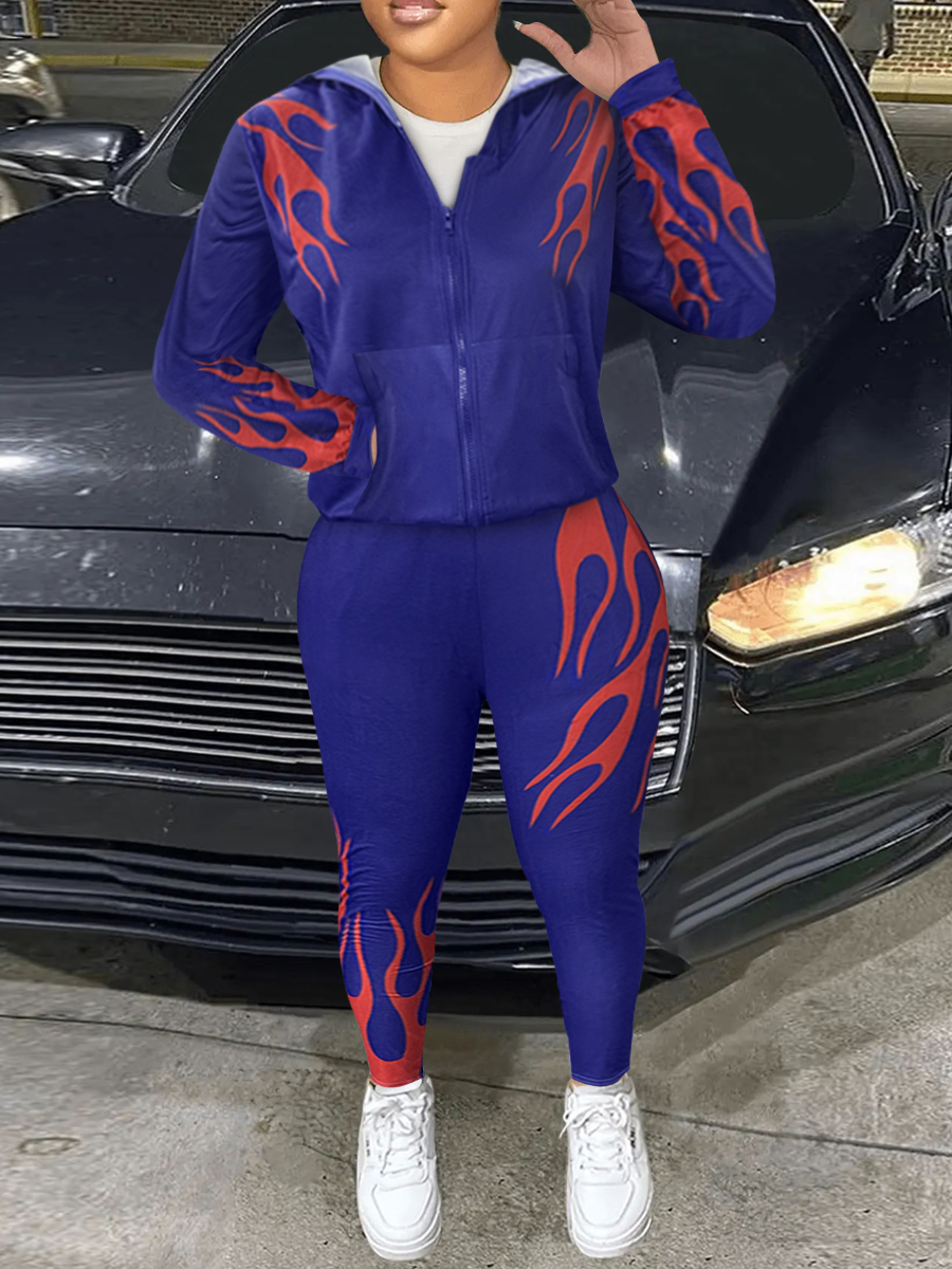 LW Hooded Collar Flame Print Tracksuit Set