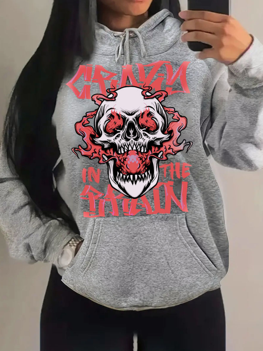 LovelyWholesale Plus Size Skull Head Letter Print Kangaroo Pocket Hoodie Fall Sporty Pocket Design Hooded Collar  5X Spring Summer 2024