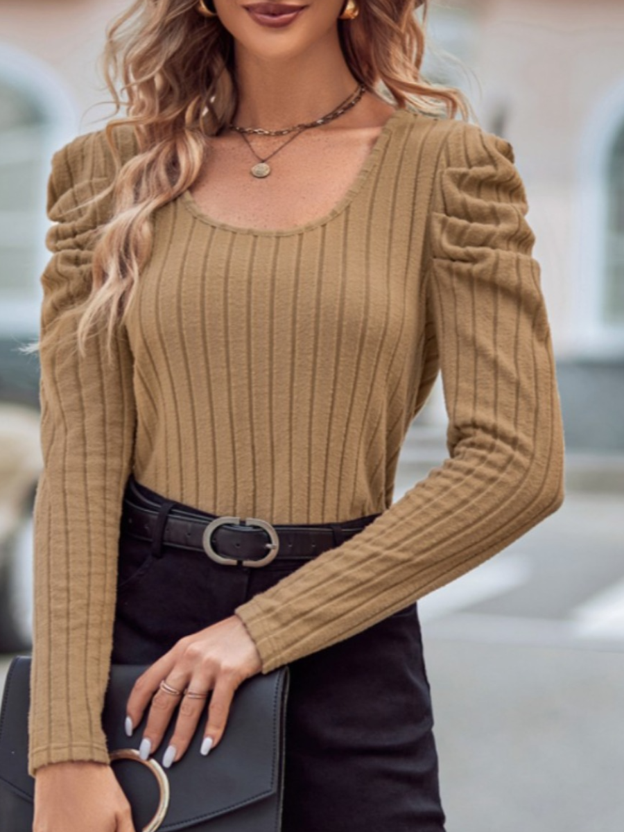 LovelyWholesale None Solid Color Blouse&Shirt Spring|Fall Long Sleeve Casual None U Neck Spring Summer 2024