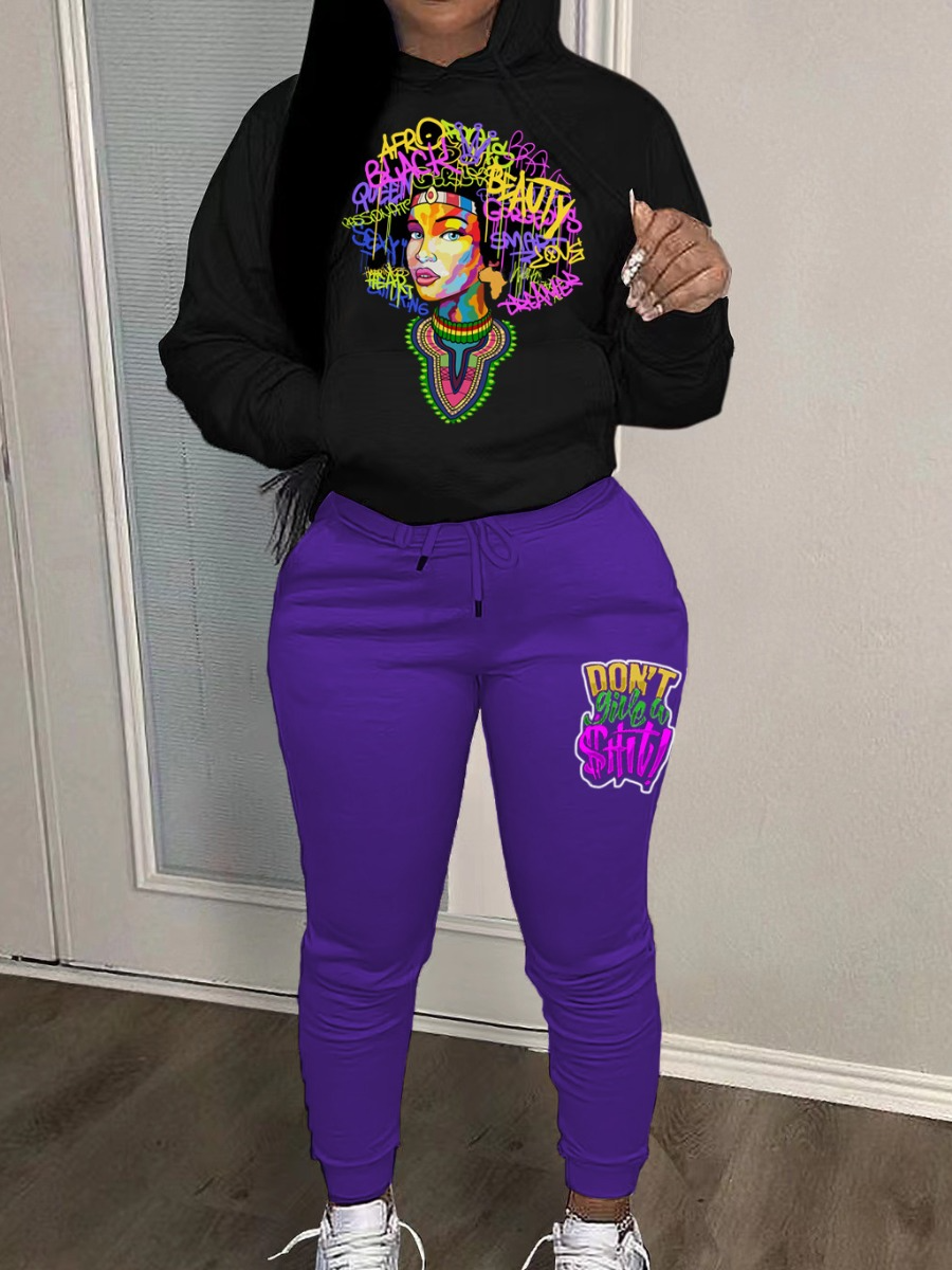 LovelyWholesale Plus Size Figure Letter Print Kangaroo Pocket Tracksuit Set Fall Long Sleeve Casual Hooded Collar  3X Spring Summer 2024