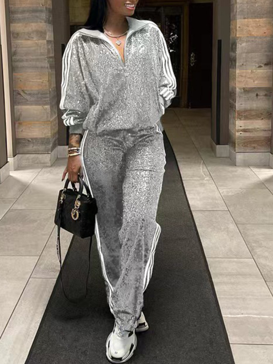 LovelyWholesale Plus Size Striped Zipper Design Pants Set Fall Long Sleeve Casual Turndown Collar  3X Spring Summer 2024