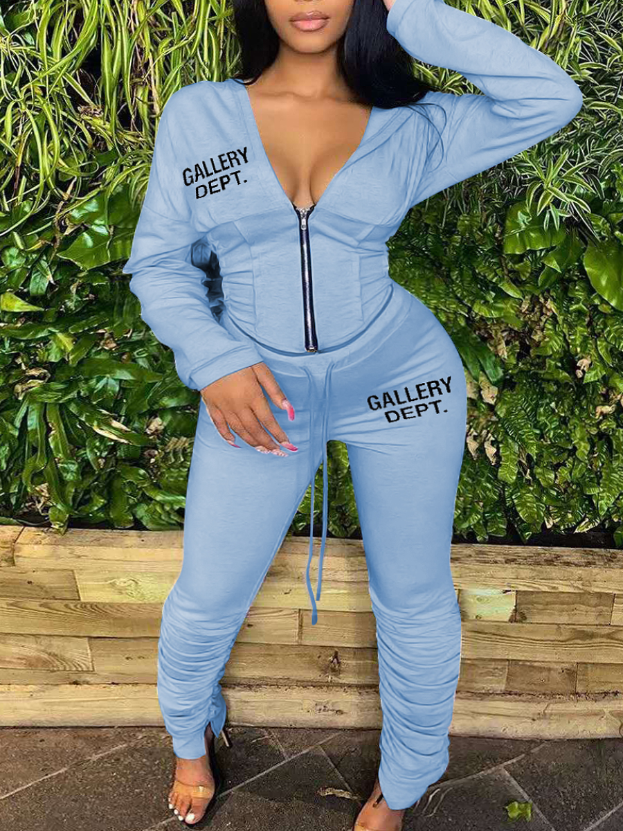 LW Plus Size Hooded Collar Letter Print Drawstring Pants Set