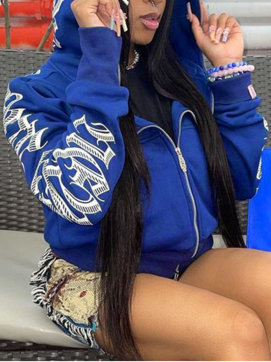 LovelyWholesale Plus Size Letter Print Kangaroo Pocket Oversized Jacket Fall Nine Points Sleeve Casual Hooded Collar  3X Spring Summer 2024