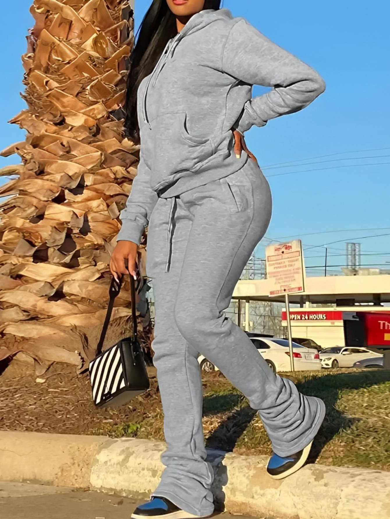 LW Plus Size Kangaroo Pocket Stacked Tracksuit Set