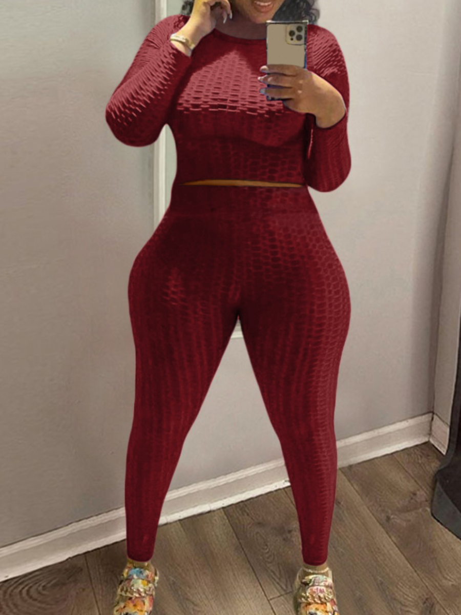 LovelyWholesale BASICS Crop Top High Waist Skinny Pants Set Fall Long Sleeve Casual Solid Color Round Neck Spring Summer 2024