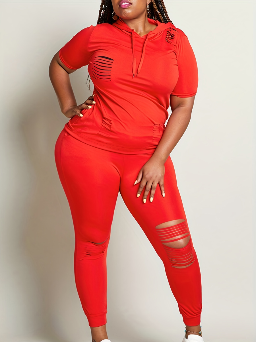 LW Plus Size Ripped Solid Color Regular Two-piece Pants Set