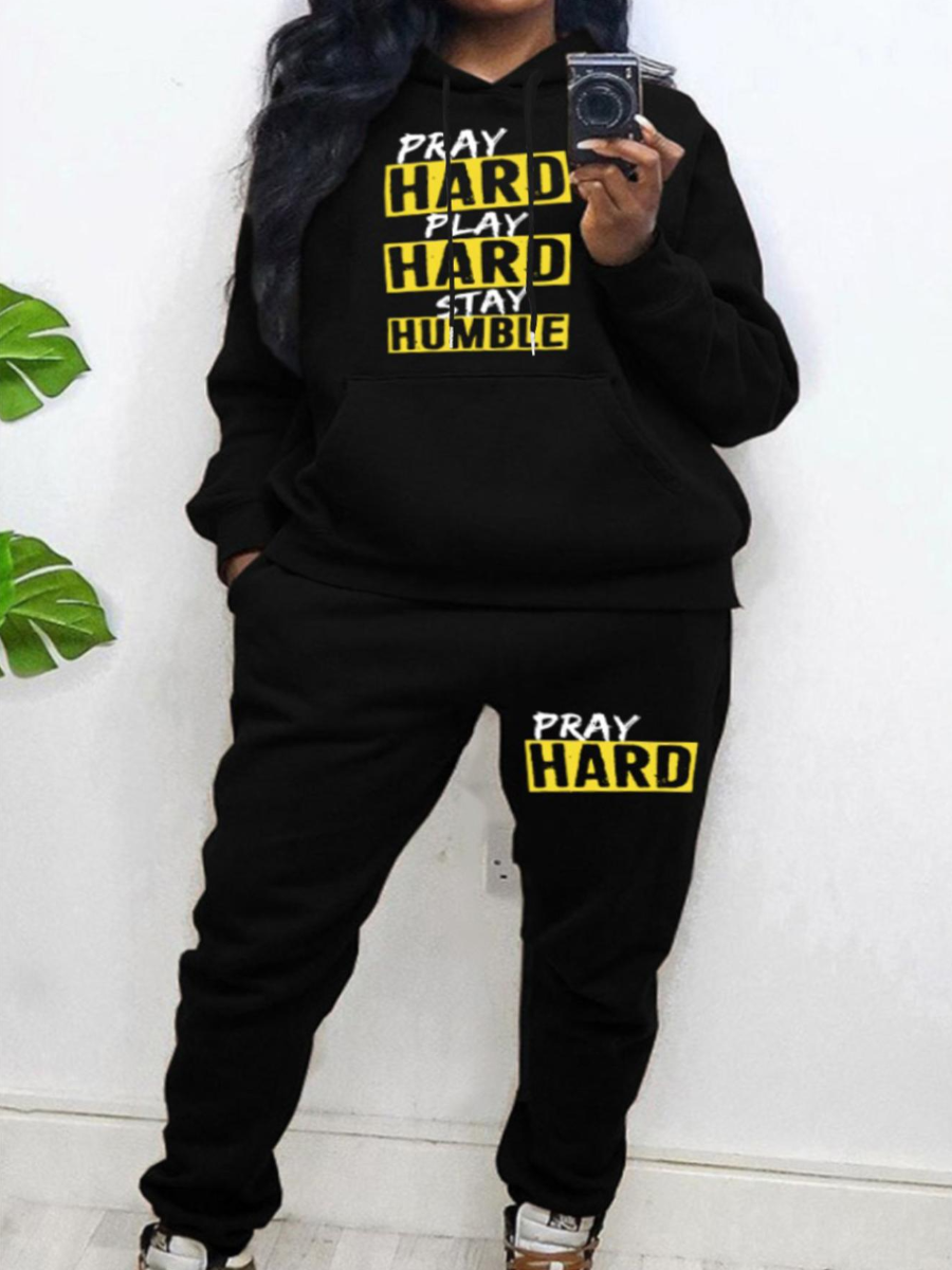 LW Plus Size Stay Humble Letter Print Kangaroo Pocket Tracksuit Set