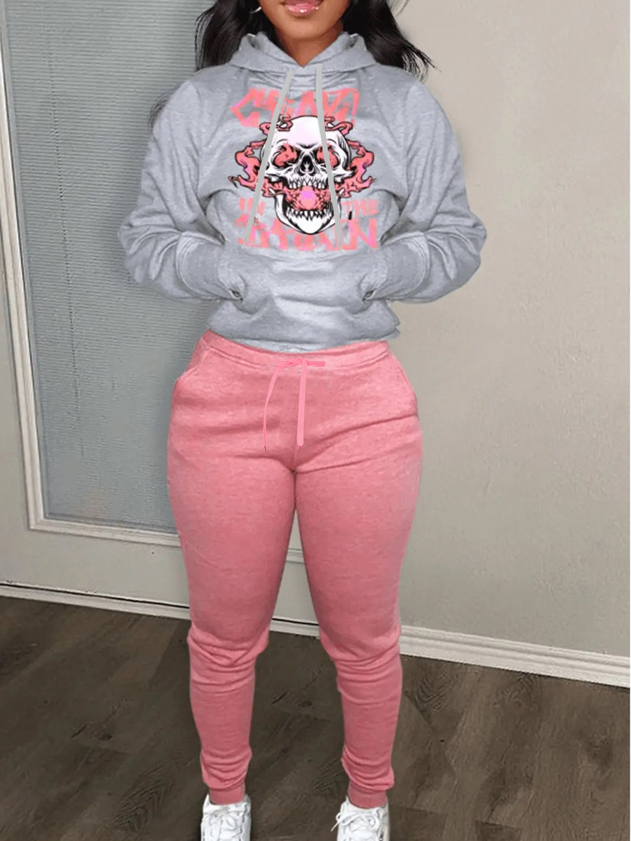LW Plus Size Skull Head Letter Print Kangaroo Pocket Tracksuit Set