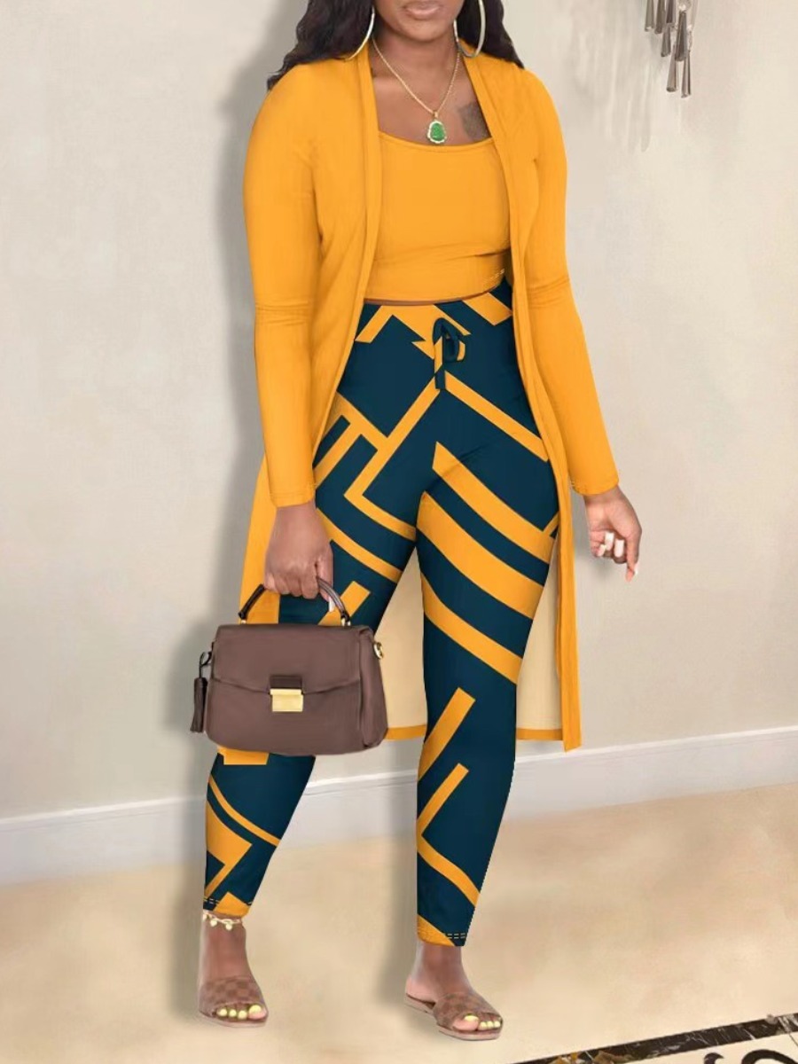 LovelyWholesale Cami Geometric Print Drawstring Three Piece Pants Set Fall Long Sleeve Casual Bandage Design U Neck Spring Summer 2024
