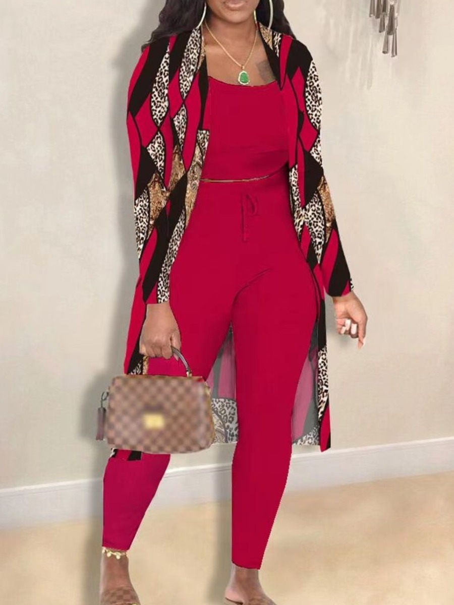 LovelyWholesale Cami Leopard Print Drawstring Three Piece Pants Set Fall Long Sleeve Casual Patchwork U Neck Spring Summer 2024