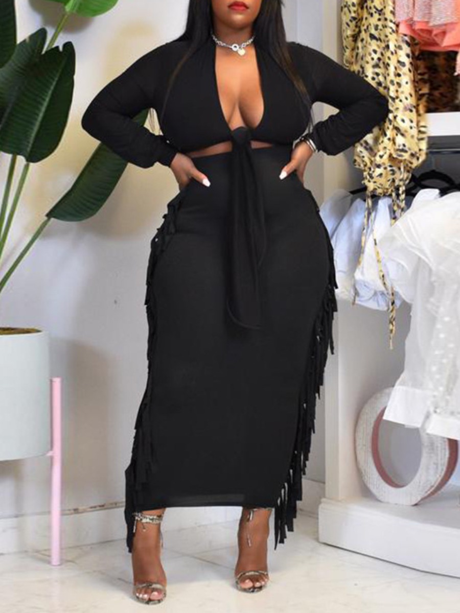 LovelyWholesale Bandage Tassel Design Skirt Set Spring Long Sleeve Sweet Bandage Design V Neck Spring Summer 2024
