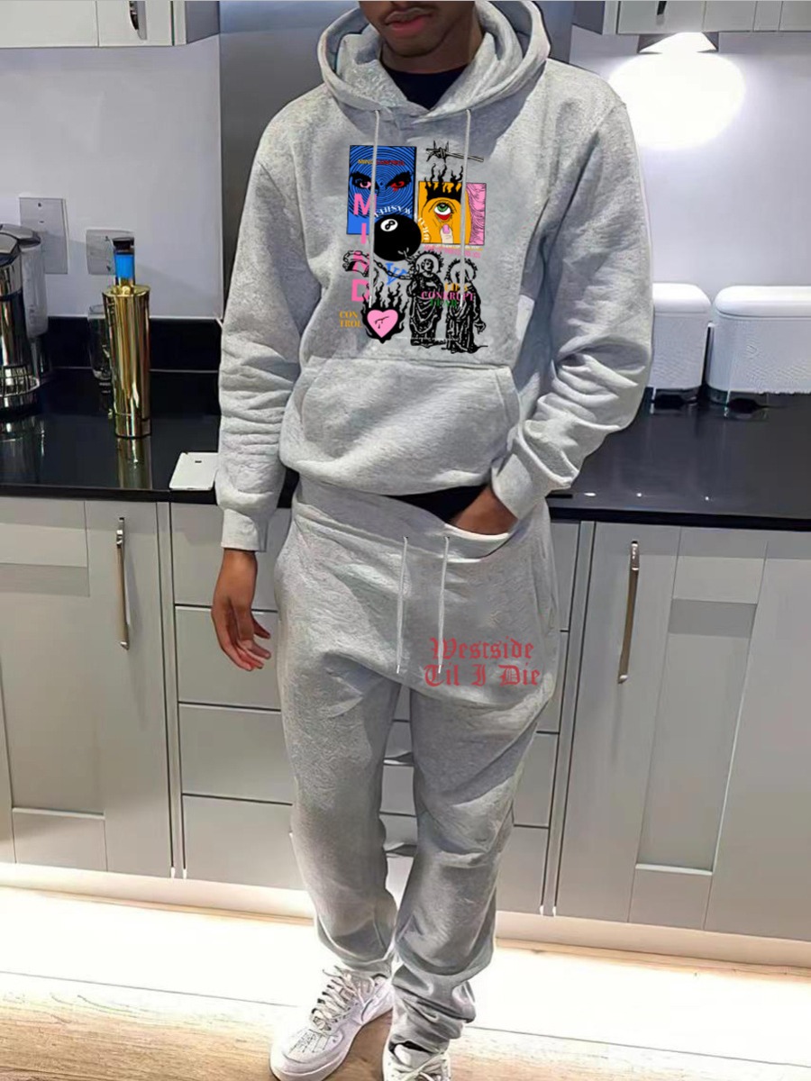 LW Men Figure Letter Print Kangaroo Pocket Tracksuit Set