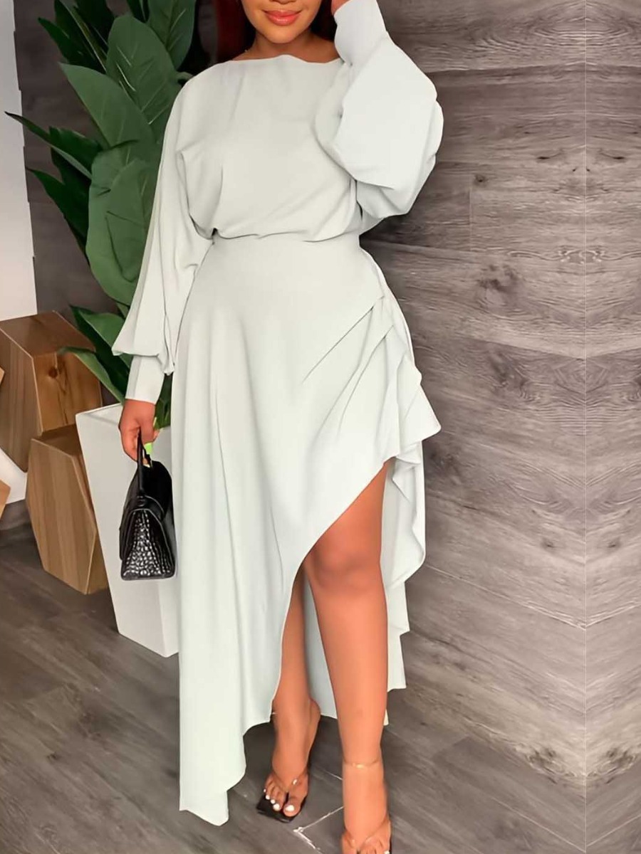 LW Plus Size Inclined Neck Fold Design Asymmetrical Split Dress