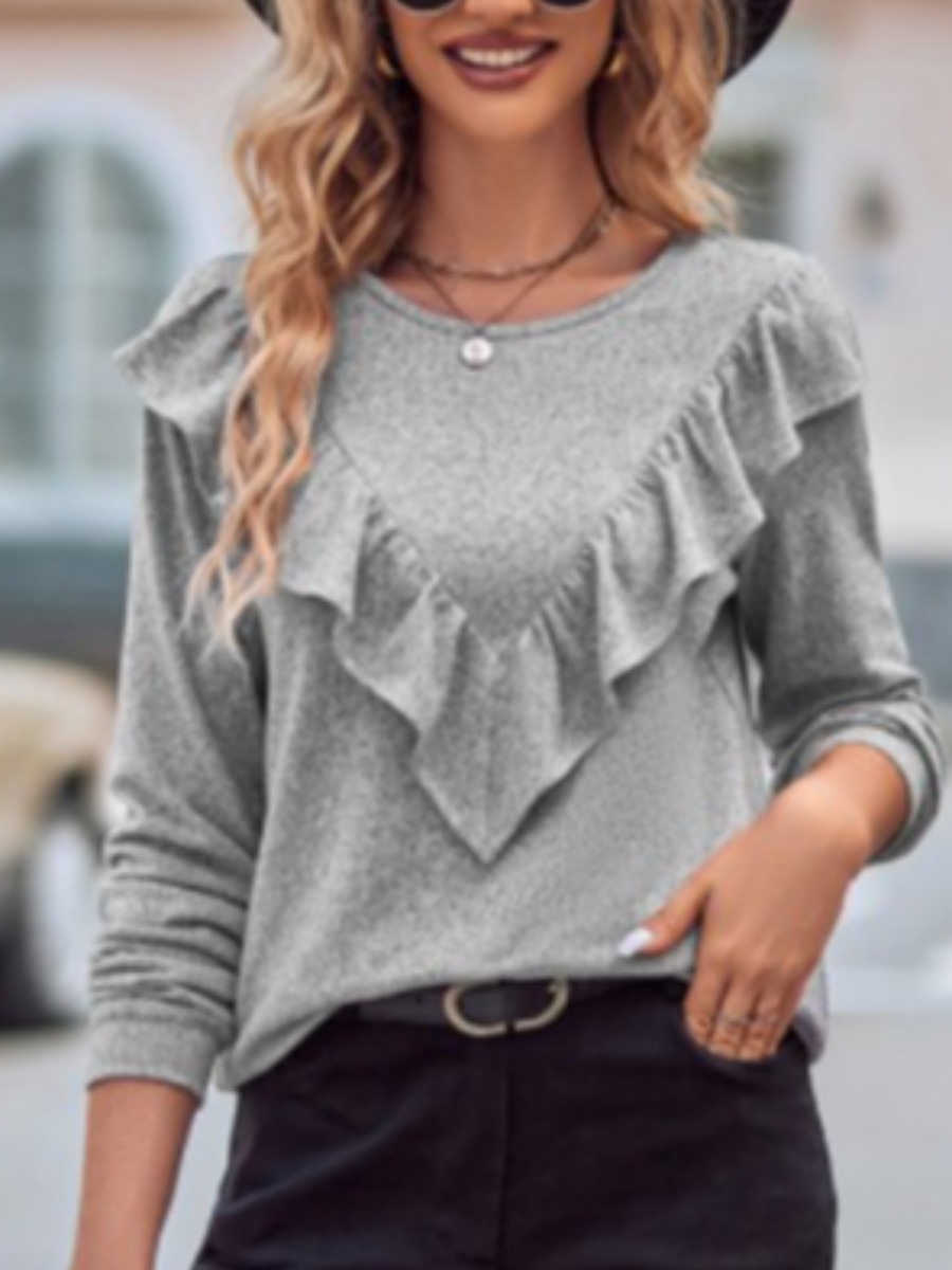 LovelyWholesale Round Neck Ruffle Design Blouse Spring|Fall Long Sleeve Sweet Ruched Round Neck Spring Summer 2024