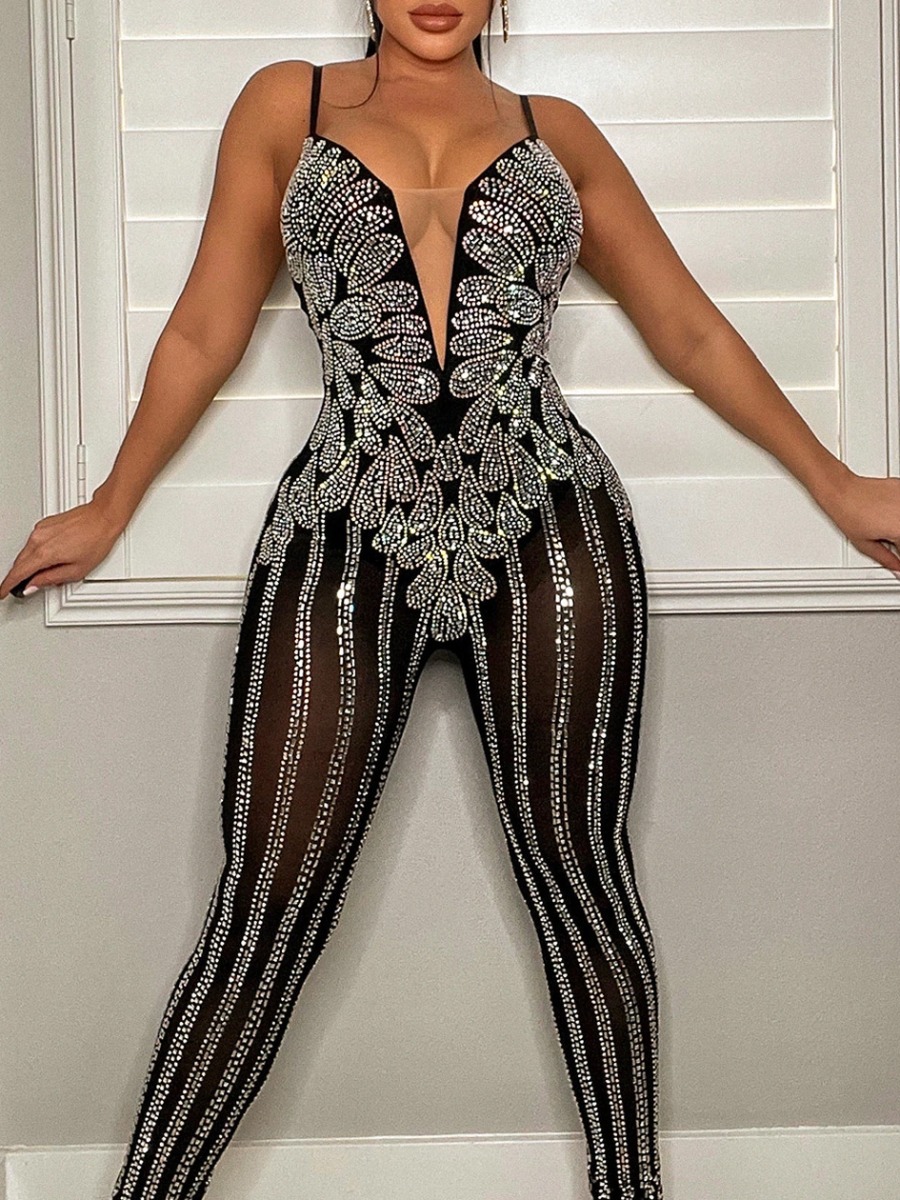 LW SXY Rhinestone See Through Cami Jumpsuit