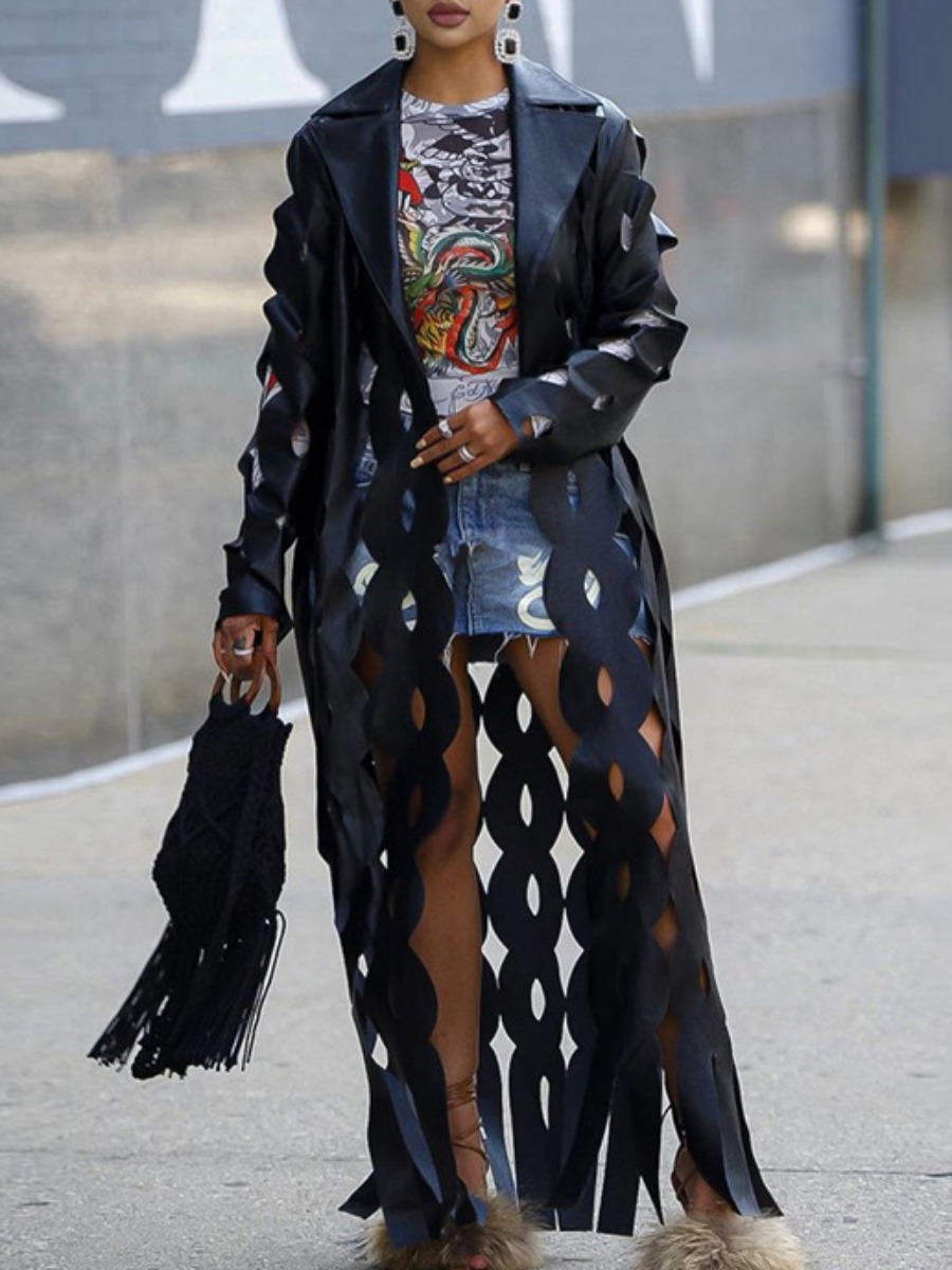LovelyWholesale Faux Leather Cut Out Tassel Design Trench Coat Fall Nine Points Sleeve Street Tassel Design Lapel Neck Spring Summer 2024