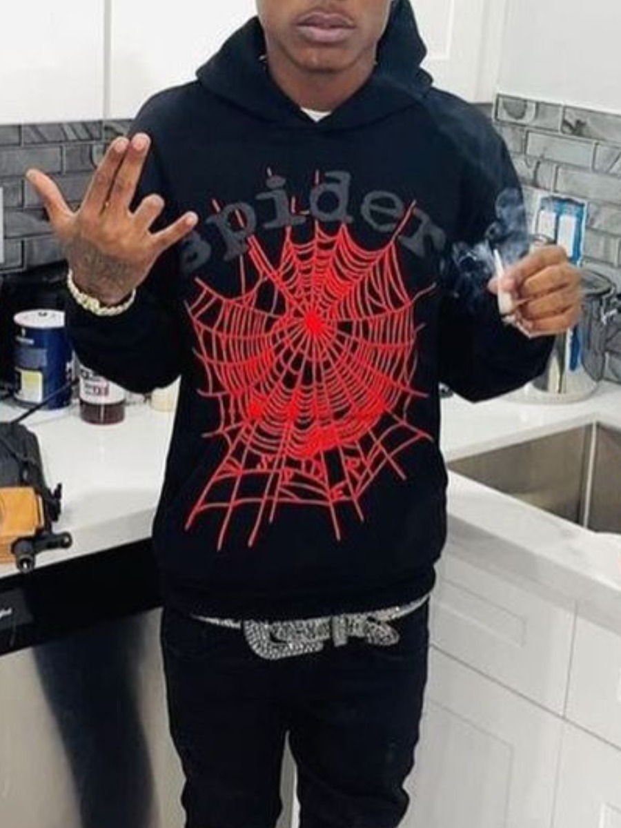 LovelyWholesale Men Spider Web Letter Print Kangaroo Pocket Hoodie Fall Long Sleeve Casual Kangaroo Pocket Hooded Collar Spring Summer 2024