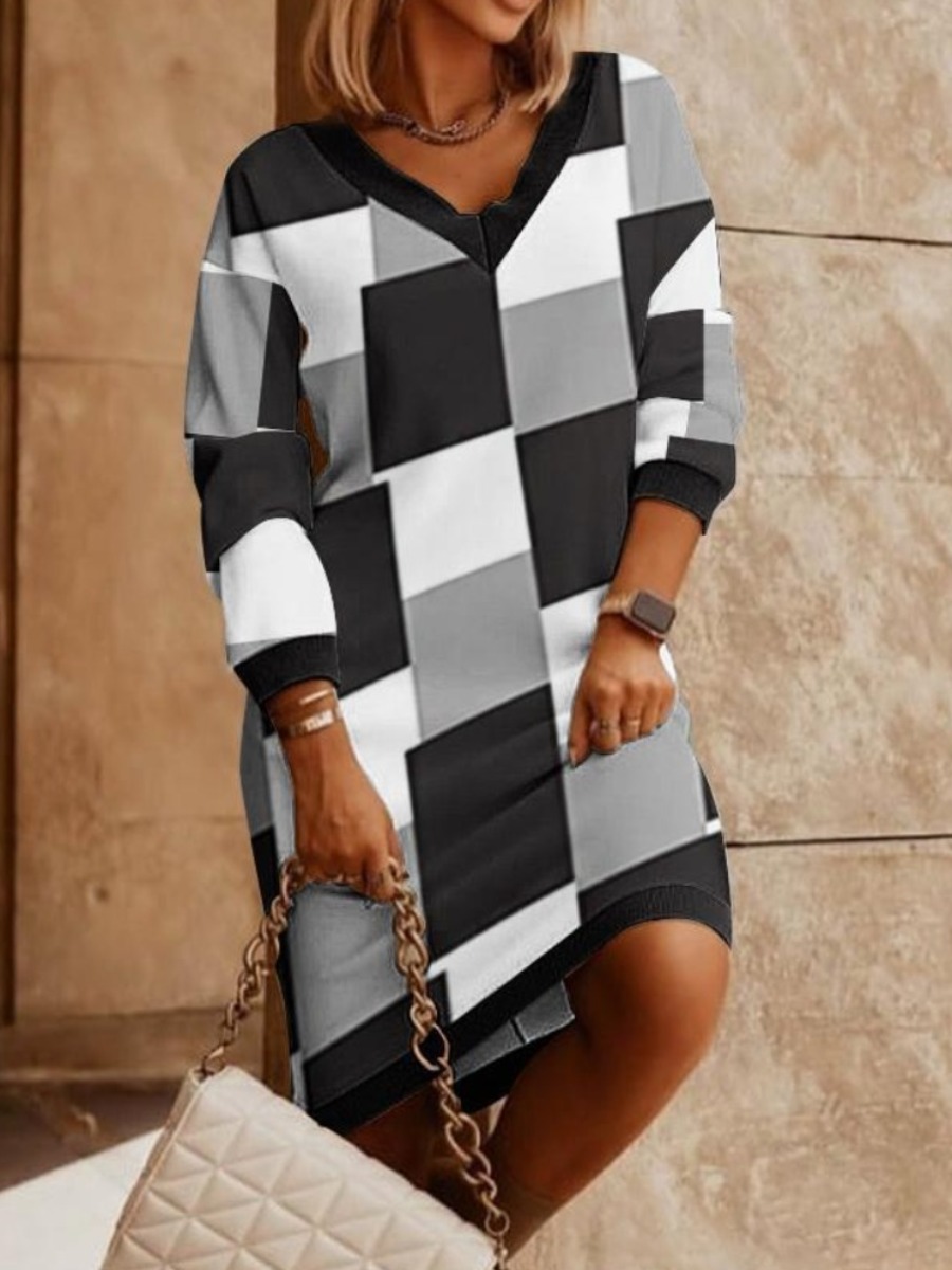LW Plus Size V Neck Plaid Print Dress