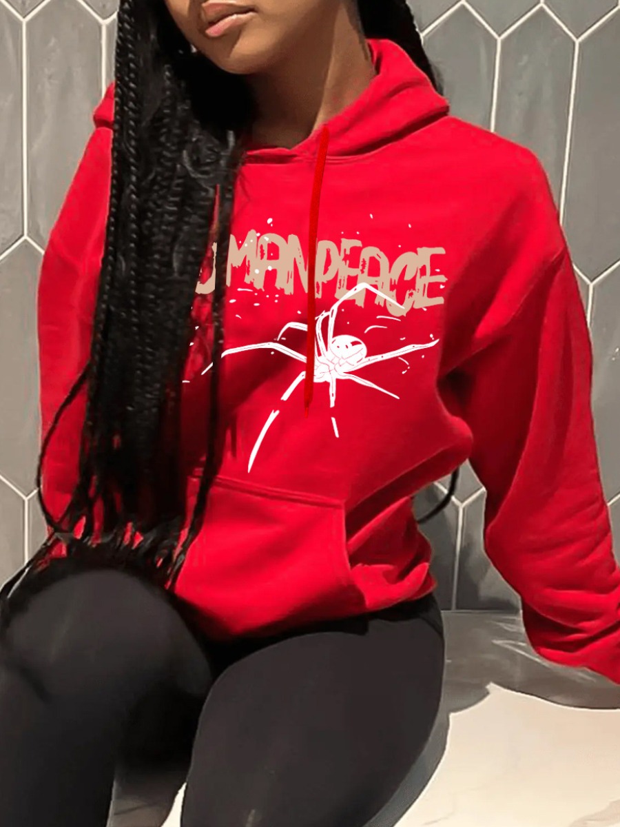 LW Drawstring Pattern Kangaroo Pocket Print Loose Hoodie